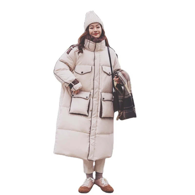 Women's down Cotton-Padded Coat Winter Beige Contrast Color Binding Mid-Length Loose Ins Big Fur Collar Bread Coat