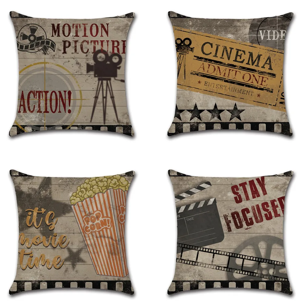 

Retro Movie Theater Cushion Cover Linen Cinema Popcorn Pillowcase Wooden Board Stars Sofa Throw Pillow Cover Home Decor 45*45cm