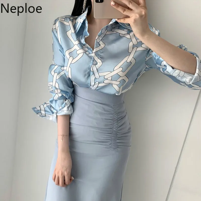 Neploe Корейская шикарная Ретро блузка с принтом отложной воротник длинный рукав