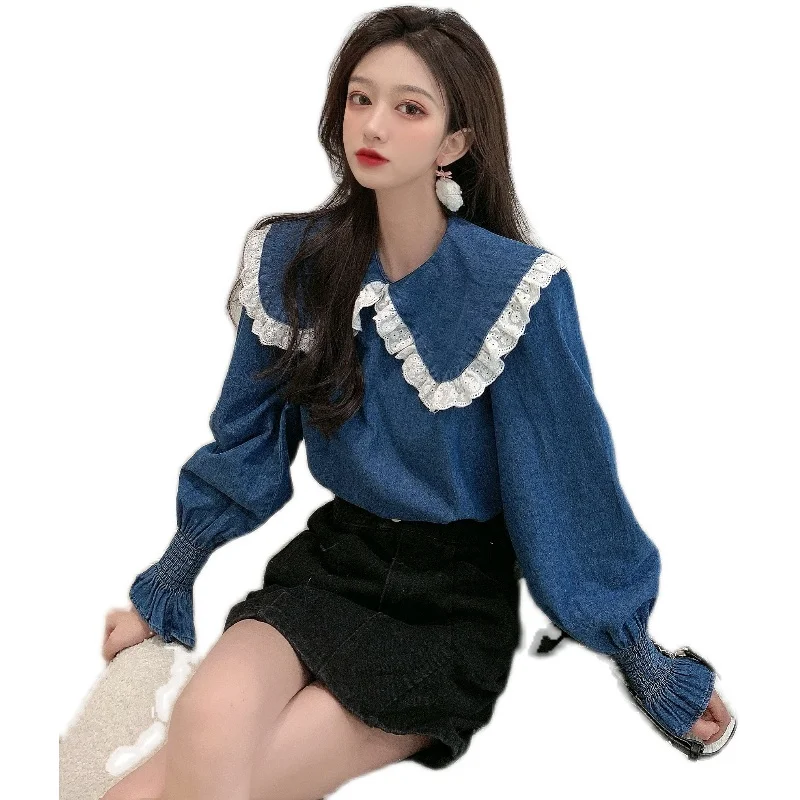 

COIGARSAM Fashion Full Sleeve blouse women New Winter Patchwork blusas womens tops and blouses Cowboy Blue 2023