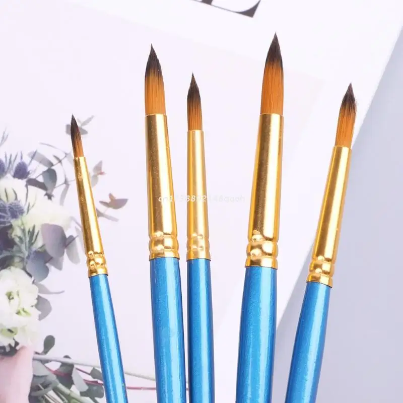 

5xWatercolor Gouache Paint Brushes Round Pointed Tip Nylon Hair Set Art Supplies Dropship
