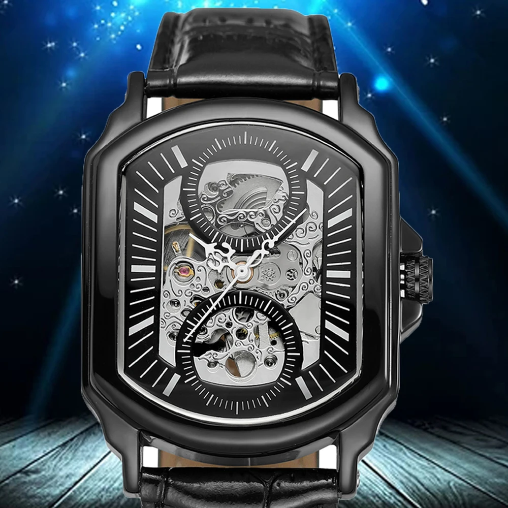 Мужские часы в стиле стимпанк черные прозрачные механические с кожаным скелетом