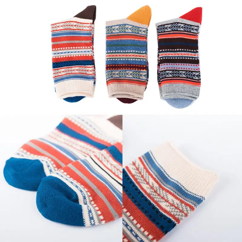 

3 Pairs Mens Ethnic Stripes Cotton Crew Socks Vintage Ribbed Knit Tube Hosiery