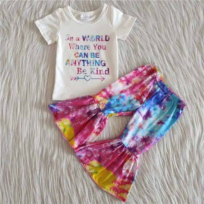 

Be kind baby girl outfit tie-dye bell bottom trousers spring and summer children's clothing wholesale 0-16 years old