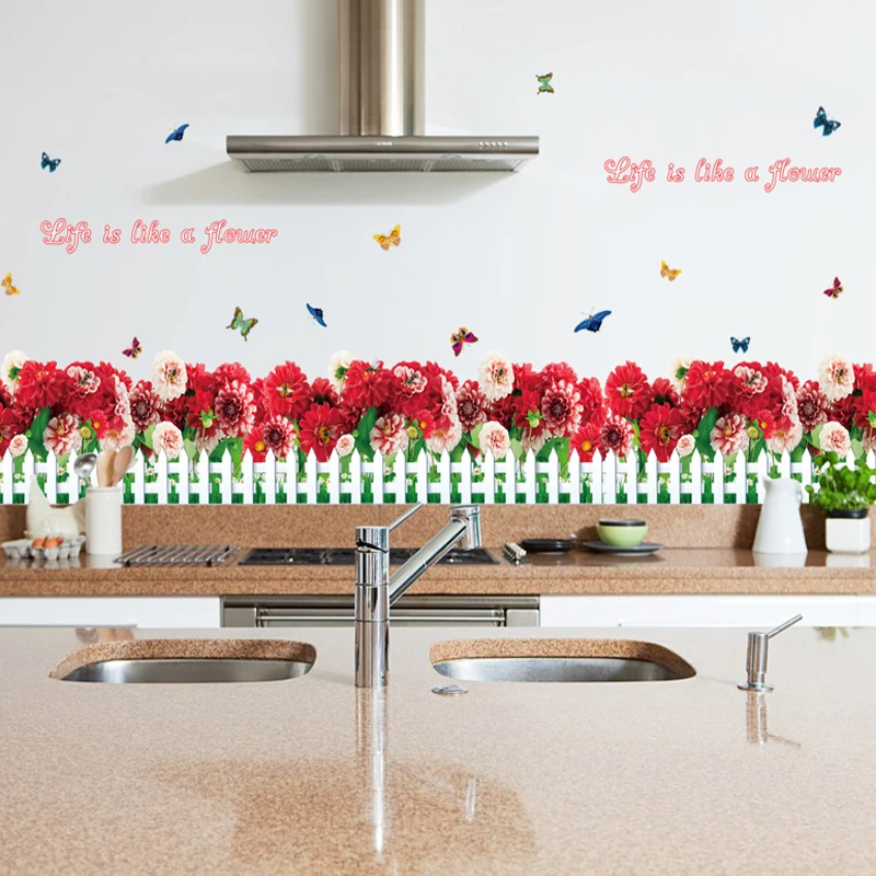 Красный цветок бабочка кухня плинтус для стен стикер шкаф печь линия талии