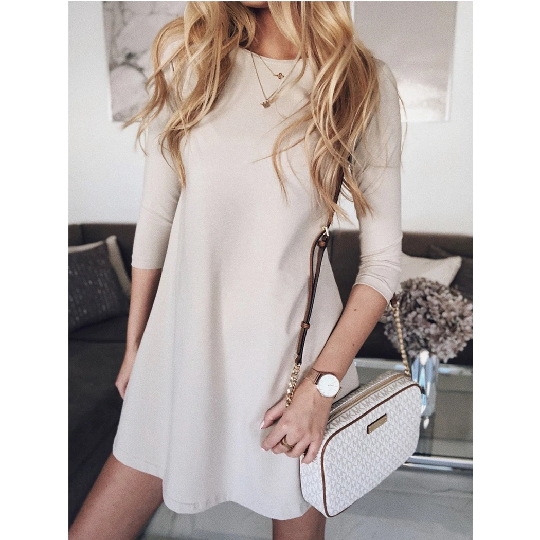 Женское хлопковое Полосатое мини платье Лето Осень три четверти рукав o образным