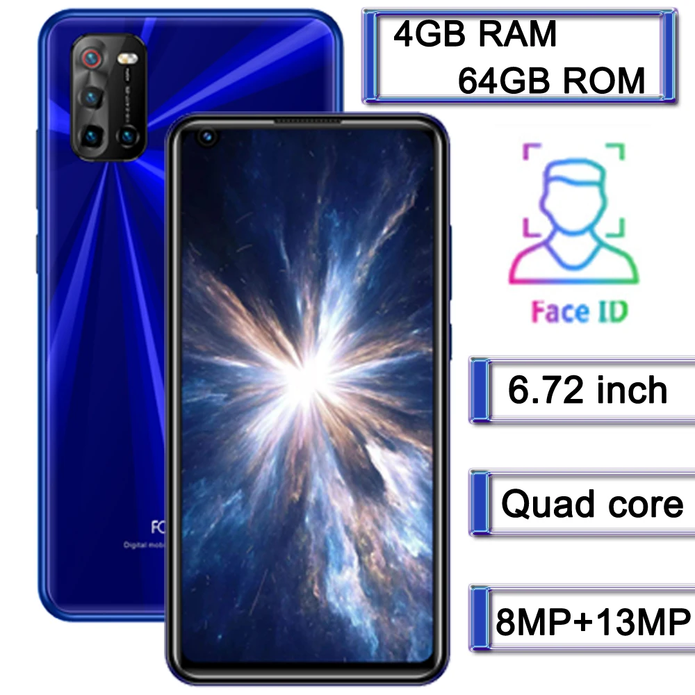 

10X Global 4G LTE Smartphones 4G RAM+64G ROM 8MP+13MP Android Mobile Phones 6.72" Face ID Front/Back Camera Celulares Unlocked
