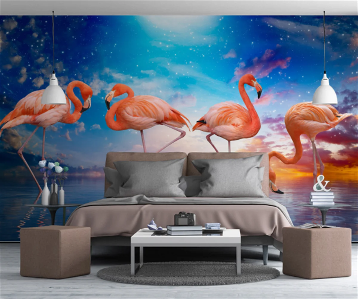 

Simple nordic small fresh sunset lake flamingo pastoral background wallpaper custom any size 3D wallpaper mural papel de parede