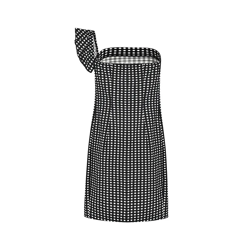 

Summer Black White Lattices Irregular Ruffled Off Shoulder Hip Dress