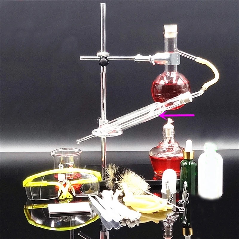 Equipo de laboratorio de destilación a vapor de aceite esencial de vidrio, equipo de enseñanza de química de destilación de hidrosol, tamaño pequeño de 150ml, DIY