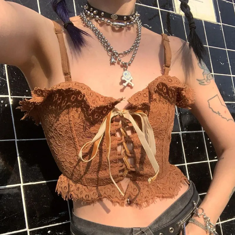 

ArtSu Lace Up Sexy Crop Top Black Summer Streetwear Bandage White Lace Cami Tops Women Ruffles Strap Corset Top Female VE52916