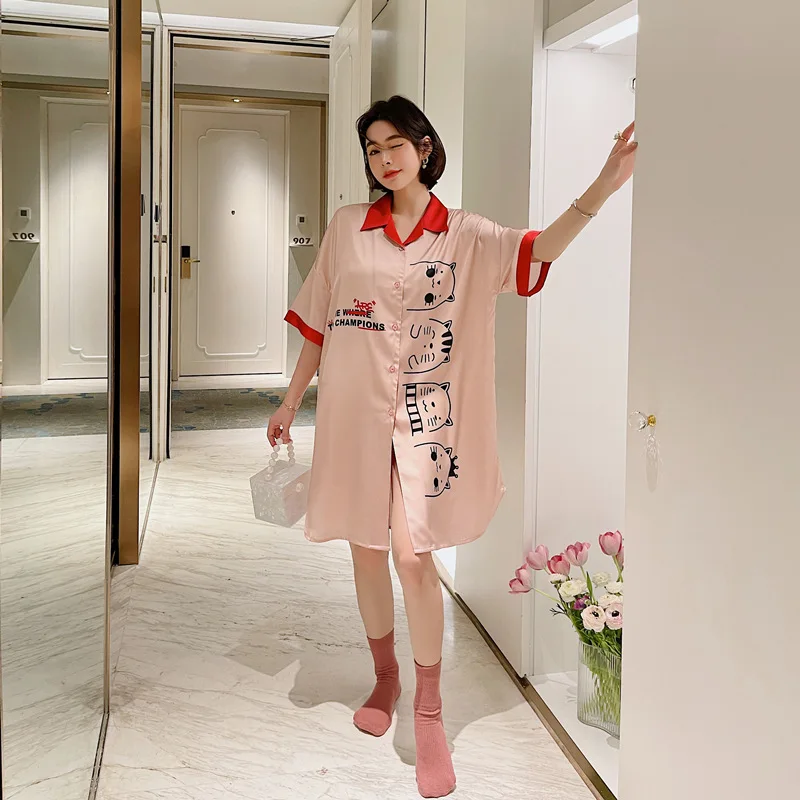 

Tulin модная Милая женская рубашка для сна атласная шелковая ночная рубашка повседневная одежда для сна летняя новая одежда для отдыха с принтом Домашняя одежда нижнее белье