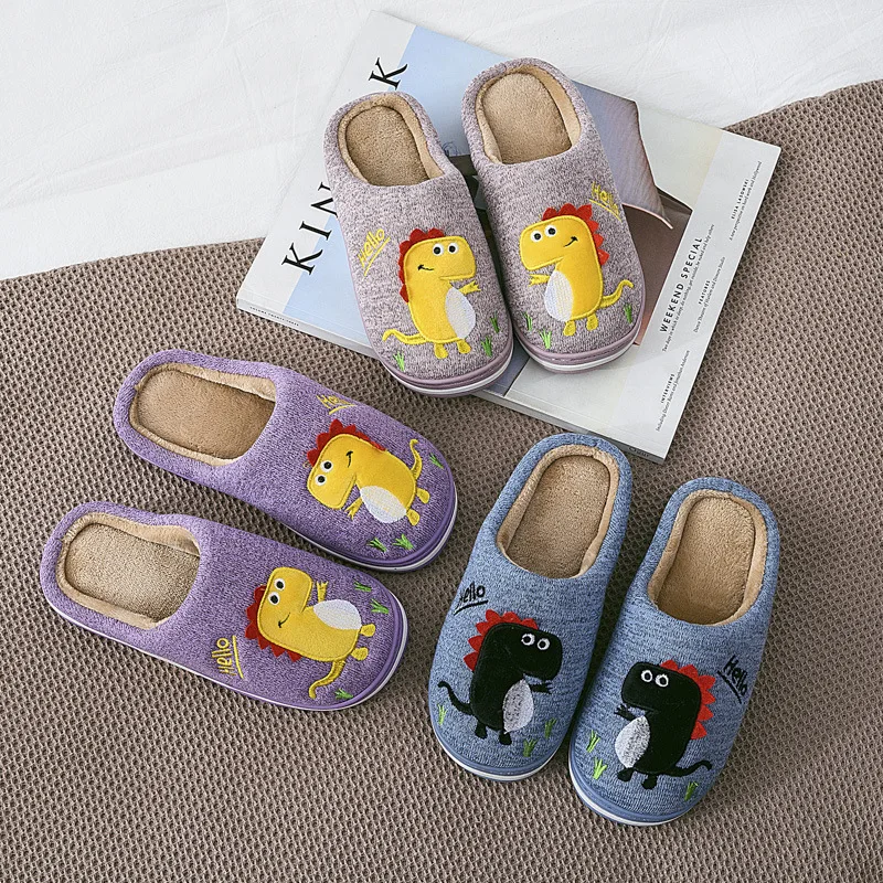 Зимние новые детские хлопковые тапочки домашние с динозавром из мультфильма