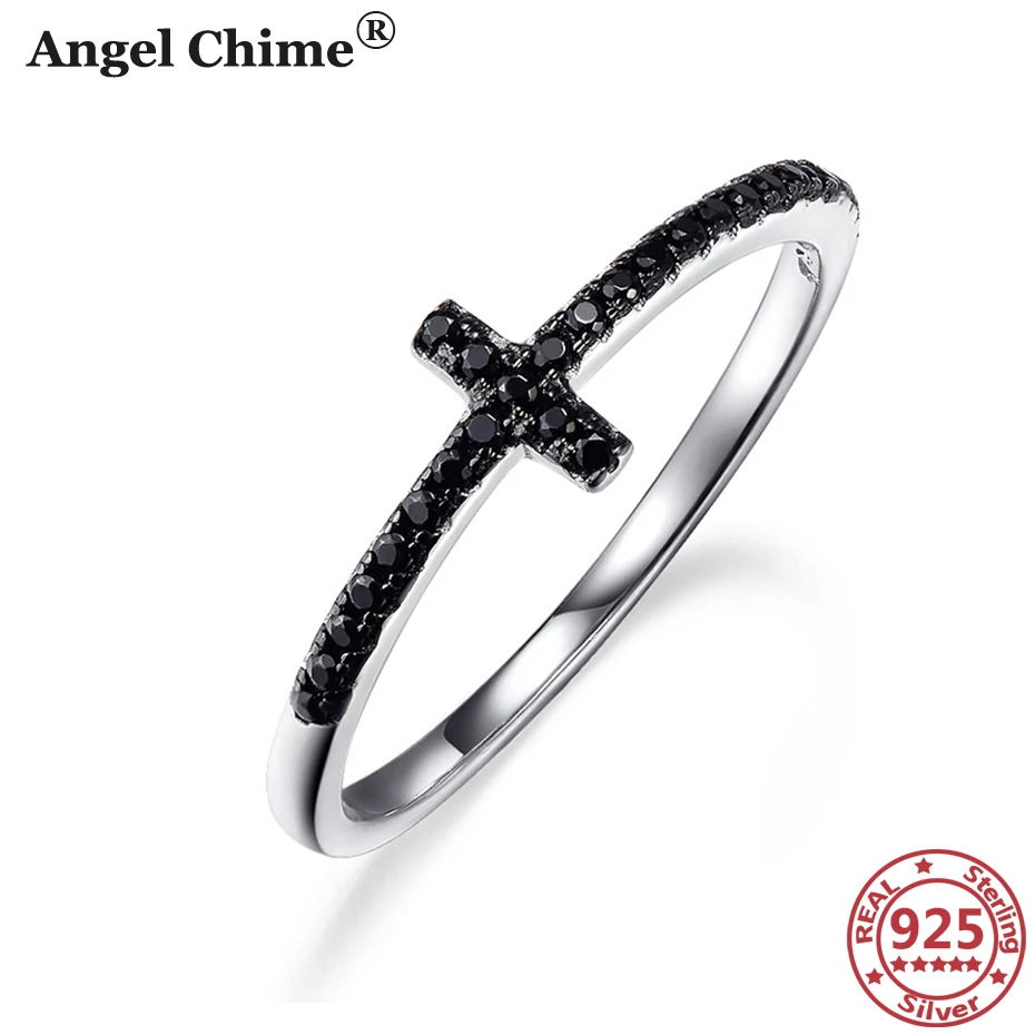 

AC 925 Silver Rings Cross For Women Black Cubic Zircon Ring For Trendy Jewelry Gift Simple Women's Jewelry Cross Ring Mom's Gift