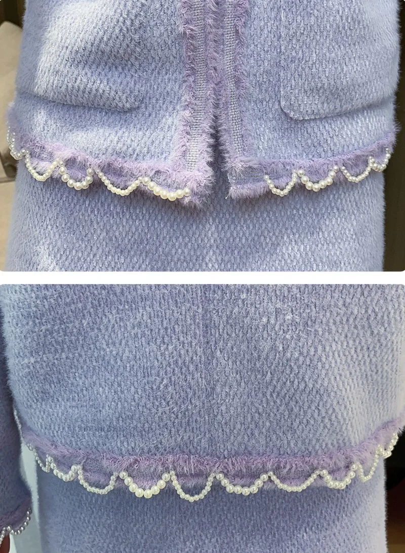 

2020 New Fall Winter Vintage Woolen 2 Piece Set Women Beaded Jacket Coat + Bodycon Mini Skirt Suits Elegant Two Piece Sets