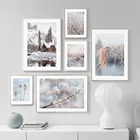 Настенная живопись, холст, Снежная гора, озеро, зимний дом, трава, цветок для декора гостиной, скандинавские плакаты и принты, настенные картины