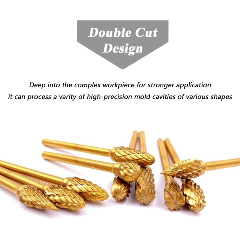 

10Pcs Tungsten Carbide Rotary Burrs, Double Cut Burr Set 1/8inch(3mm) Shank Rotating Files Rasp Polishing Tool Accessory