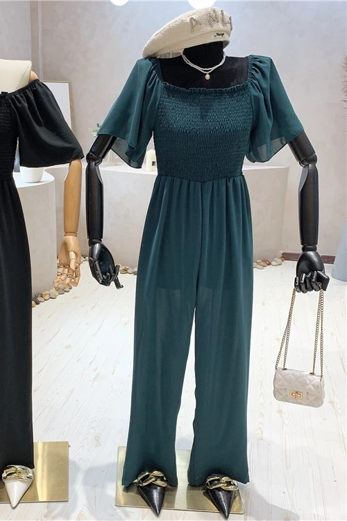 

Puff Sleeve Jumpsuit Women's High Waist Wide Leg Pants 2021 Summer New Korean Style Loose Straight Leg Trousers