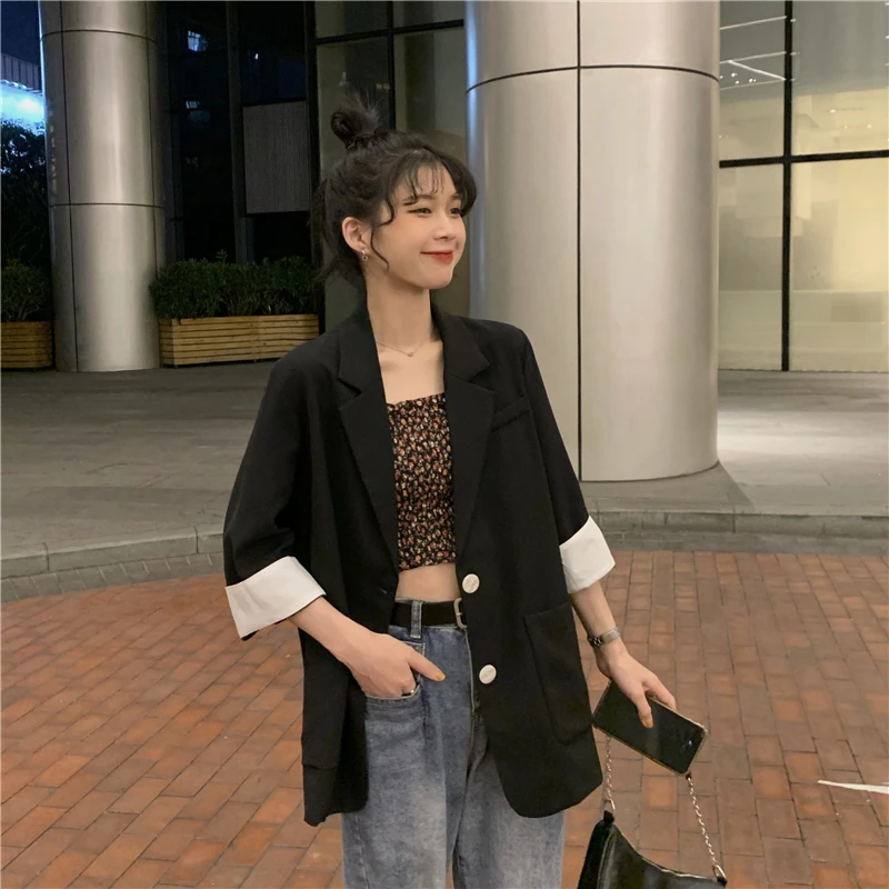 

2021 spring and summer new loose and thin three-quarter sleeves mid-length casual small suit jacket women
