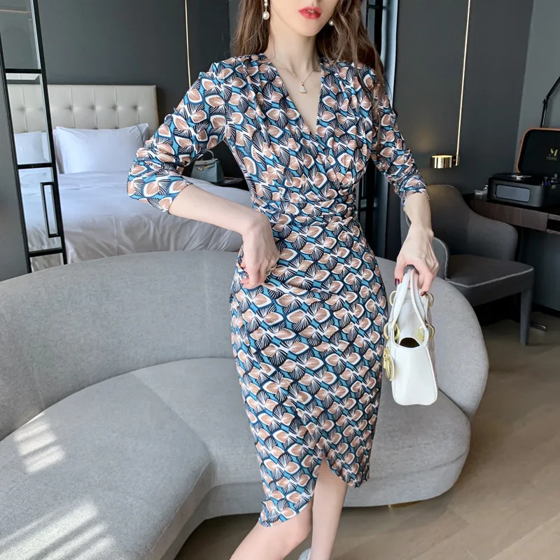 

2020 autumn new temperament slim printed dress Office Lady Sheath Knee-Length Cotton Zippers