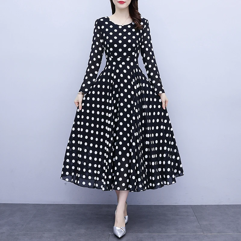 Женское платье-миди в горошек TingYiLi черное пляжное платье-трапеция с длинным