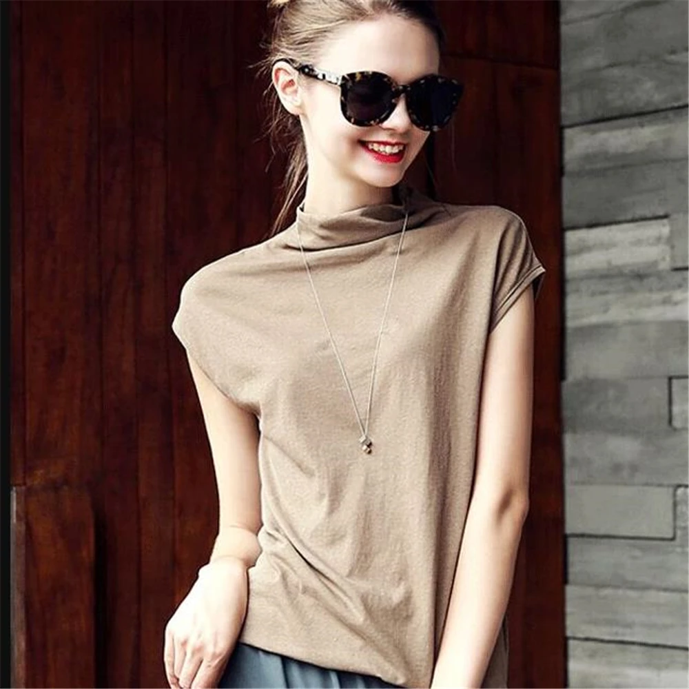 Женская Летняя короткая однотонная водолазка тонкие свободные хлопковые
