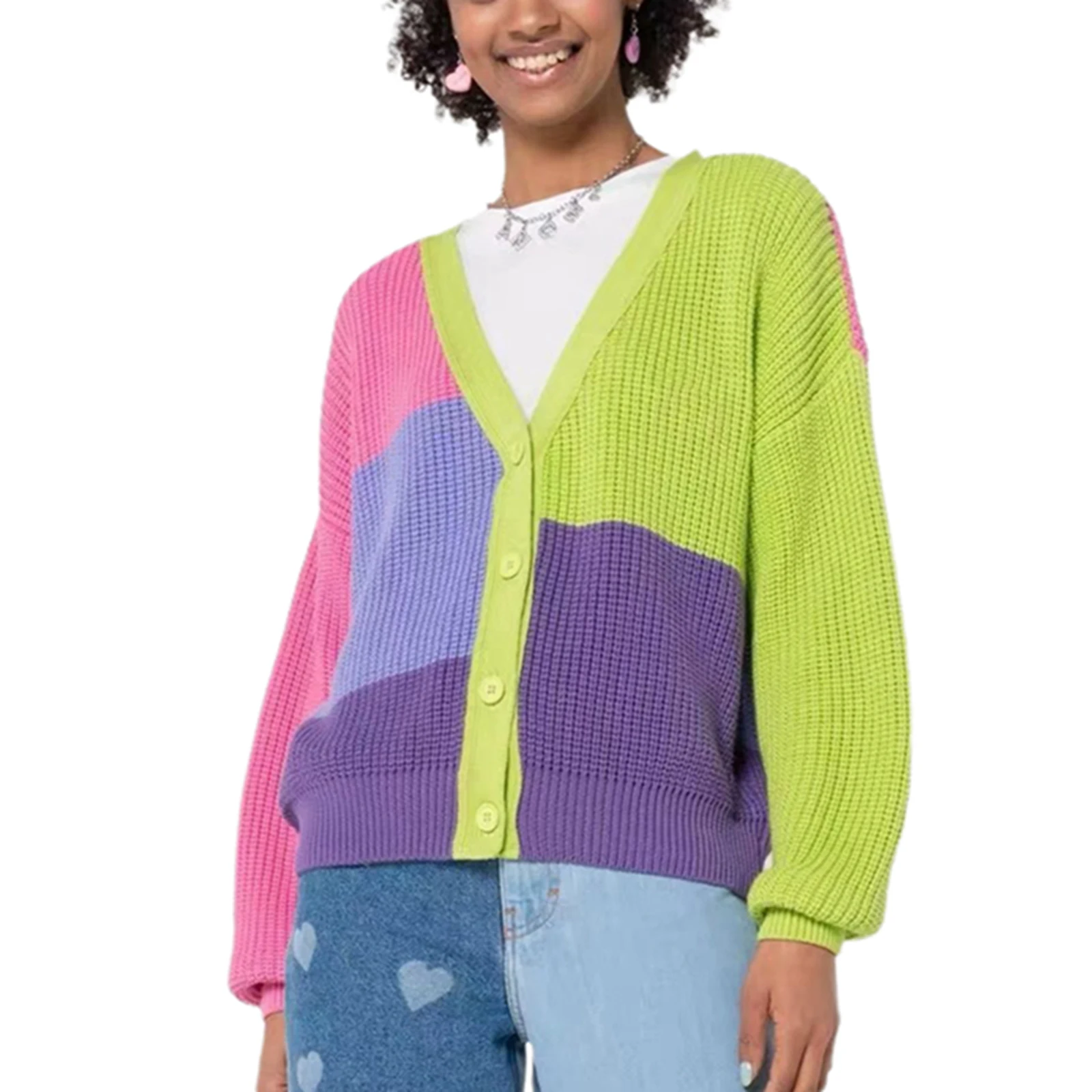 

Spring Fall Women\u2019s Casual Long Sleeve Cardigan Fashion Contrast Color Splicing Sweater Single-breasted Knitted Coat