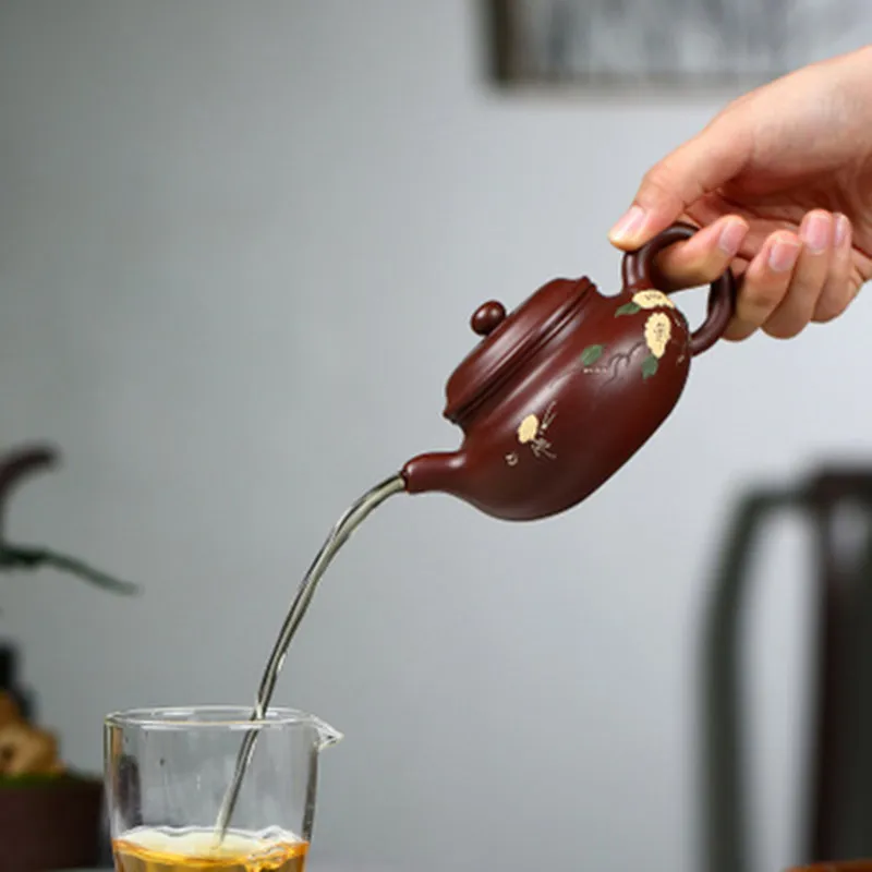 

Yixing Original Mine Zhuni Mud Painted Flower Teapot Purple Sand Pot Pottery Handmade Rhyme Antique Pure Kettles Teaware 220cc