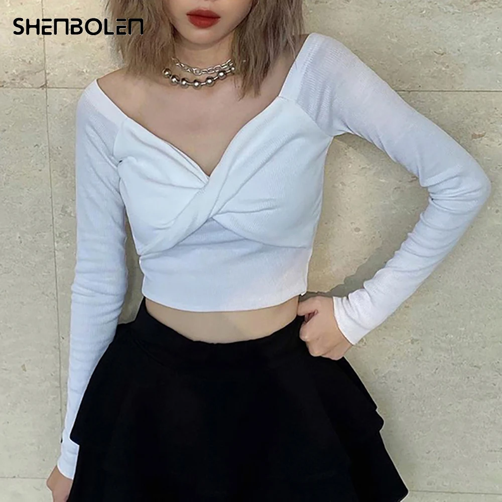 

White Ruched Crop Top Knitted Long Sleeve T Shirt V Neck Casual Grunge Tee Basic Kawaii Pullover Women Harajuku Korean