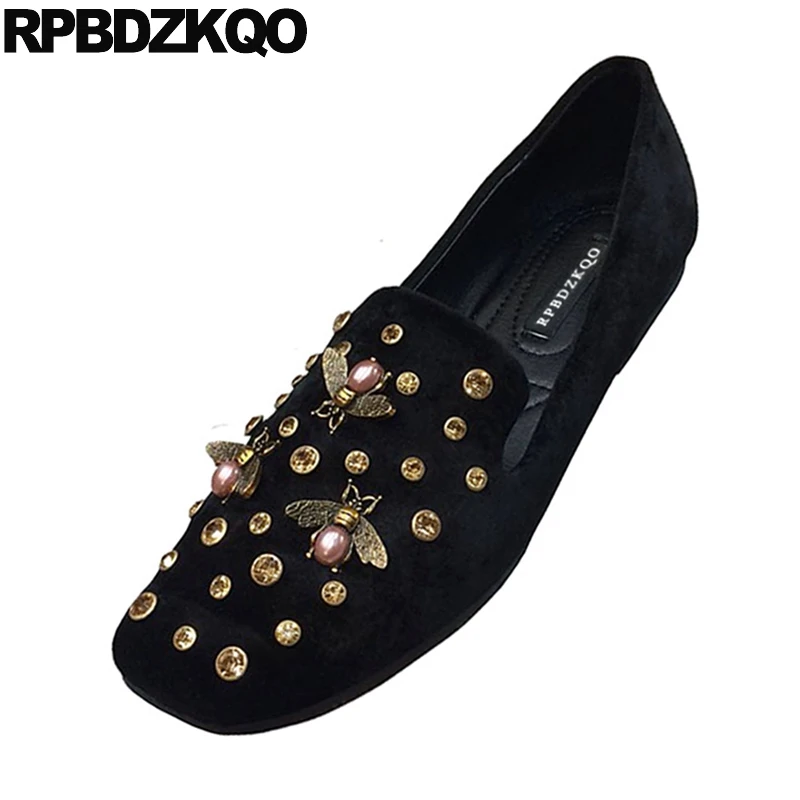 Фитнес Diamond Rhinestone Черный Кристалл Квадратный Toe Bee Дамы Красивые Квартиры Обувь Китайские Мокасины Весна Осень Замша Женщины