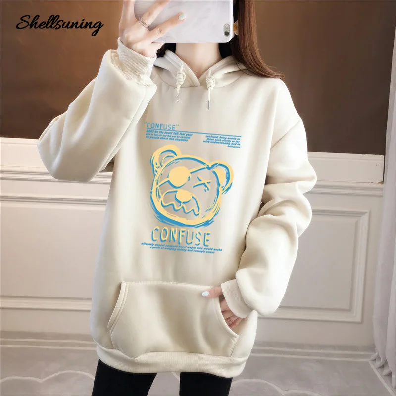 

Shellsuning Winter Printing Long Sleeves Plus Velvet Sweatshirts Kawaii Hoodies for Women New Loose Korean Style Streetwear
