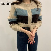 retro women sweater korean fashion button up plaid patchwork crop knitted top long sleeve knitted cardigan sweater jacket women