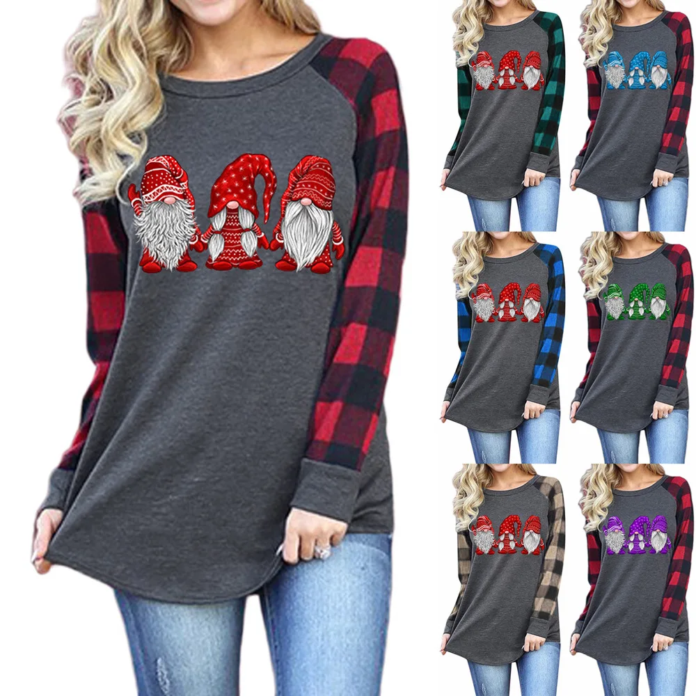 

Father Christmas Pattern Casual Print Plaid Scoop Neck Full Sleeve Basic T-Shirt Women Loose Splicing