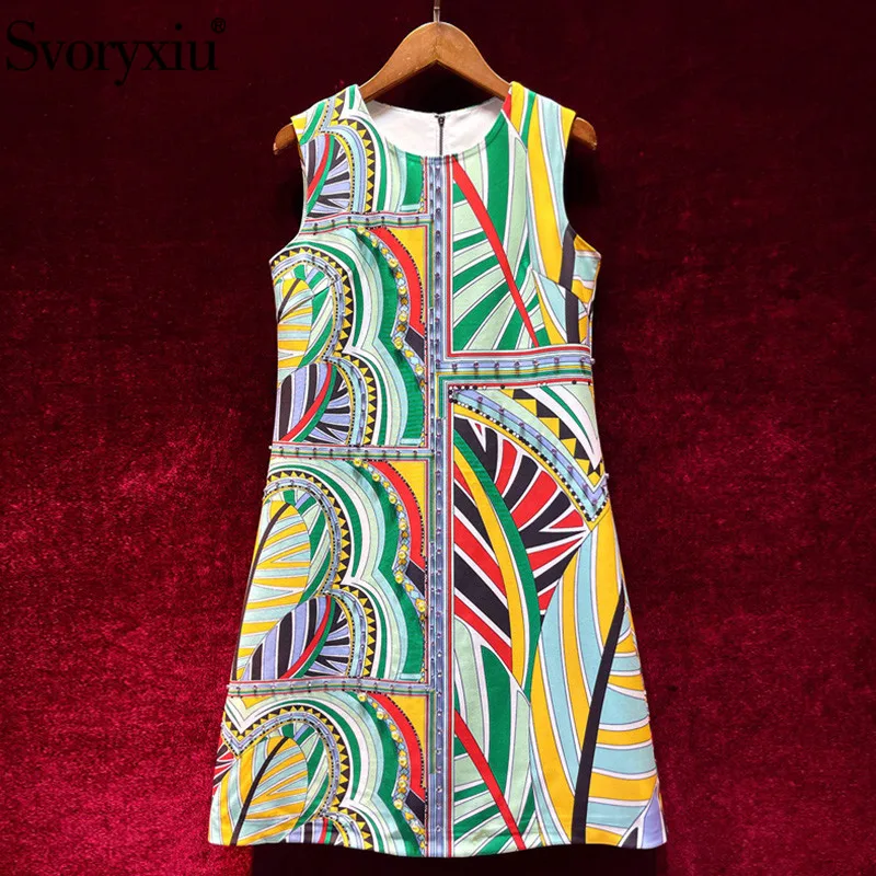 

Svoryxiu Runway Fashion Summer Party Mini Tank Dress Women's Crystal Diamond Colorful Geometry Print A Line Short Dresses