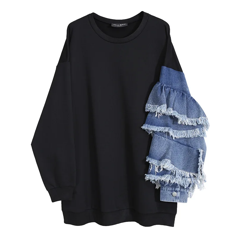 

SuperAen Spring New Fashion Denim Lace Patchwork O Neck Top Loose Slim Autumn and Winter Sweatshirt Women