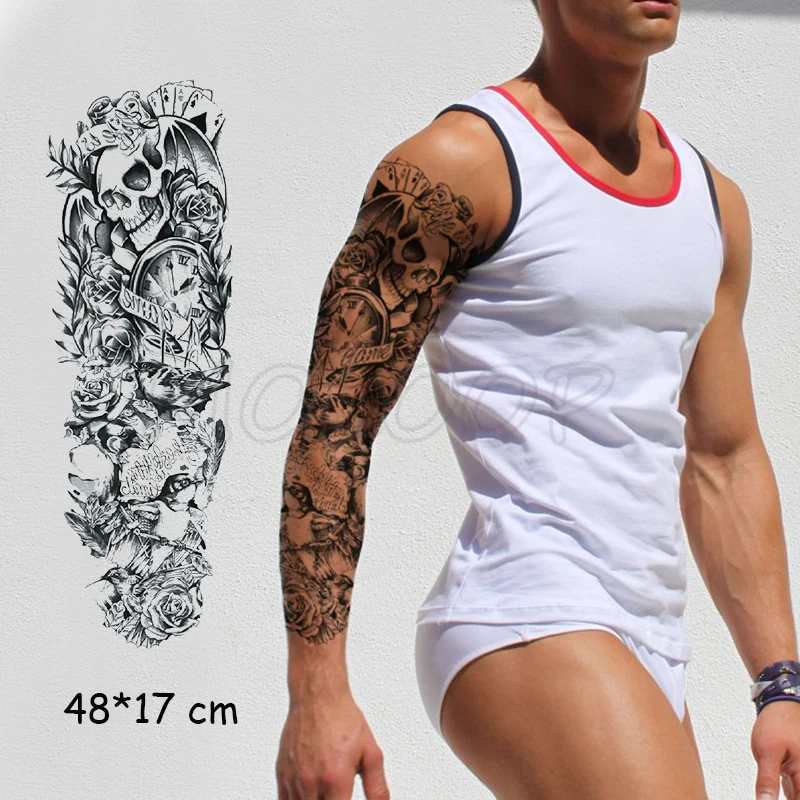 

Водонепроницаемая Временная тату-наклейка Череп Демон полная рука черный поддельные тату большой размер флэш-тату рукав татуировки для му...
