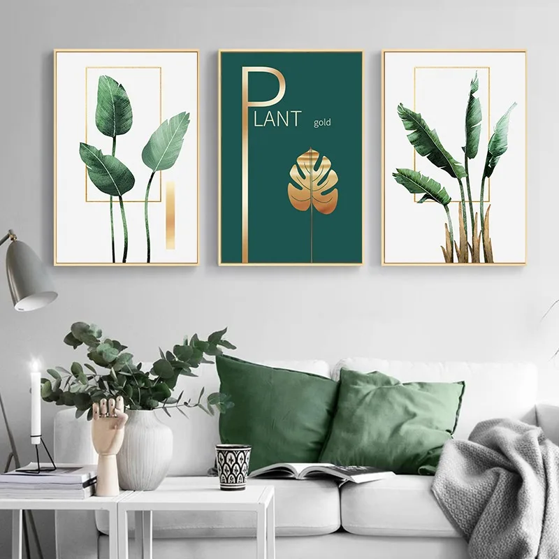

Настенная картина с зелеными растениями и золотыми листьями, скандинавский настенный постер в скандинавском стиле для гостиной, домашний д...