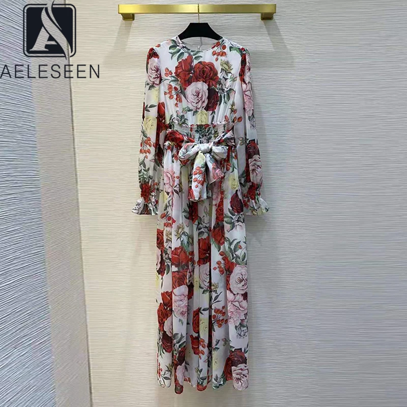 

AELESEEN Bohemian Long Dress Women Runway Fashion Spring Summer Flower Print Sashes Elegant Party Holiday Beach Dress