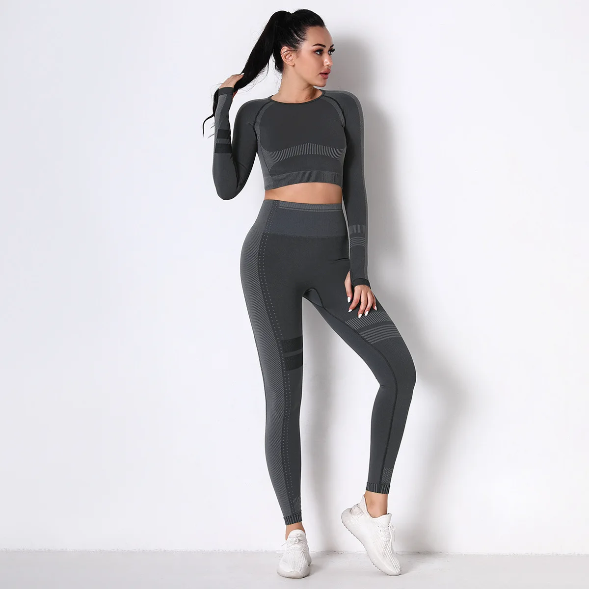 

Women Yoga Sets Sports Tight Running Breathable Knitted Seamless Yoga Wear Long Sleeve High Waised Leggings Fitness Suit
