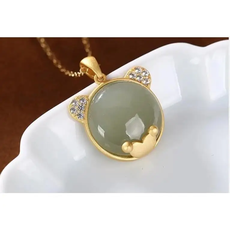 

S925 Sterling Silver Inlaid Natural Hetian Jade Gray Jade Bear Graceful and Fashionable Personality Ladies Clavicle Chain Neckla