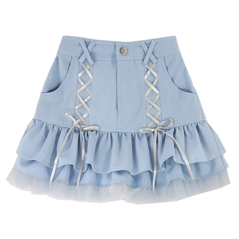 

Japanese Kawaii Mini Skirt Women Summer Casual Designer Elegant Lolita Sexy Skirt High Waist Lace Bandage Y2k Sweet Skirt 2021