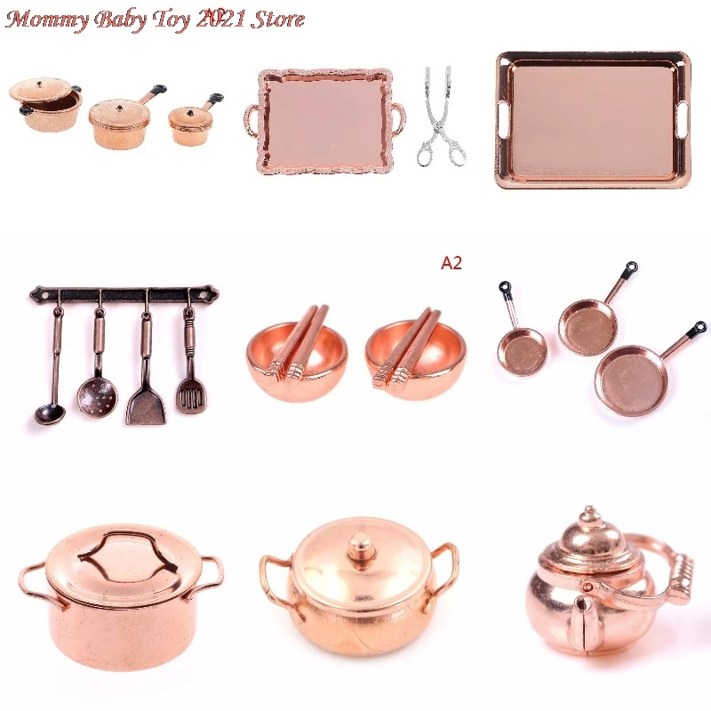 

1:12 Scale Dollhouse Miniature Rose Gold Color Frying Pan Cooking Pot Kettle Cookware Kitchen Cooking Kit Dolls Accessories