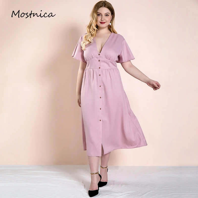 

Mostnica Pink Plus Size Women Summer Midi Dress 2020 Plunging Single Breasted Short Sleeve Vacation Beach Dresses for Female