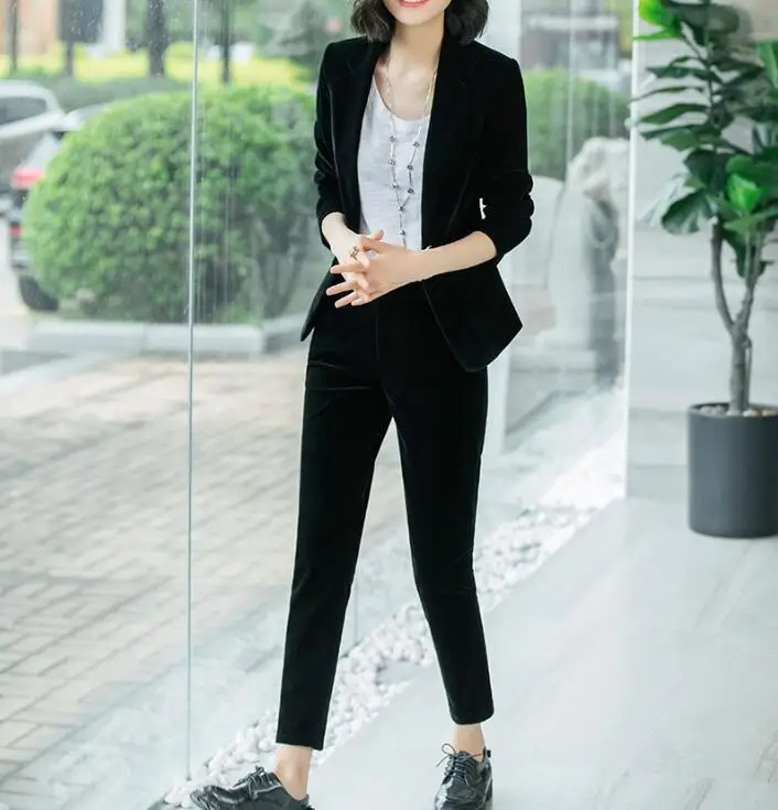 

Women Pants Suits Velvet Clothing Business Formal Work Office Ladies Wear Long Sleeve Slim Blazer Jacket Autumn Winter 2Pcs Set