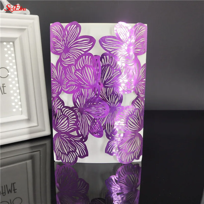 Bright Purple Лазерная резка, для свадьбы Приглашения карты элегантный изготовленный на заказ с лентой событие День рождения Свадебные украшения 1/10/30 шт. 5Z - Цвет: Bright Purple