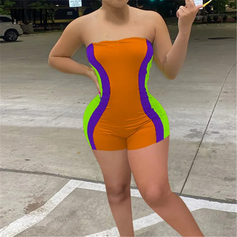 

WUHE Stripe Print Color Contrast Playsuits Breast Wrap Off Shoulder Package Hip Tight Sleeveless Sexy Party Nightclub Overalls