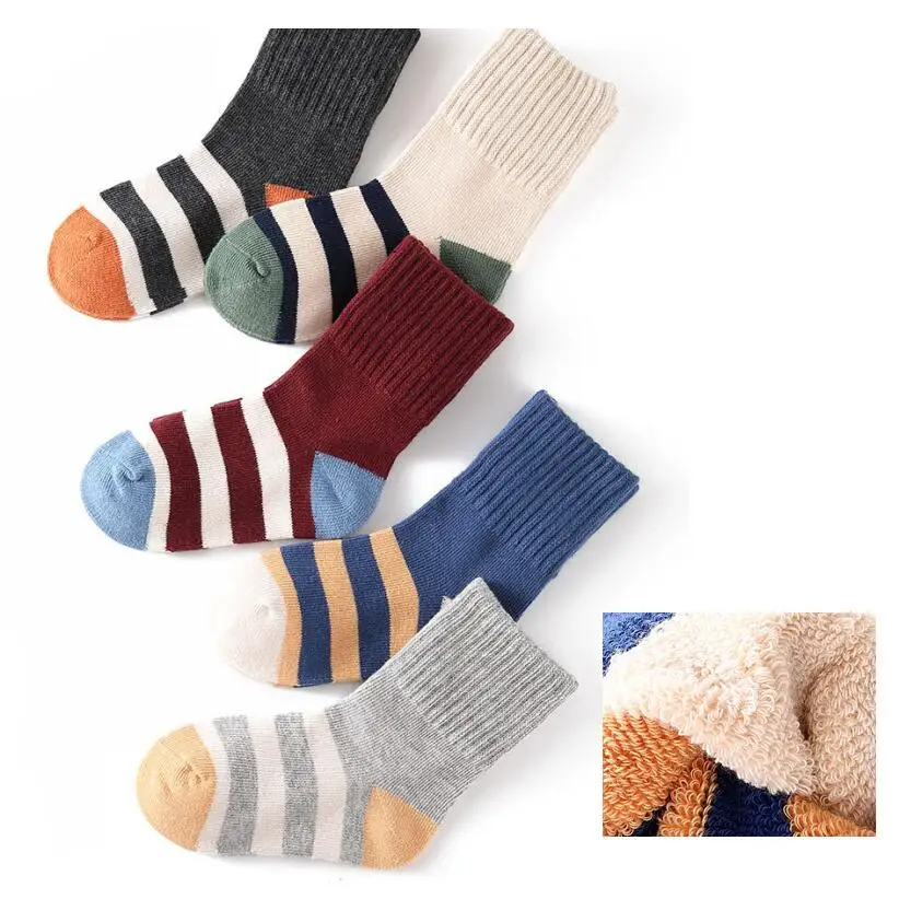 Kids Solid Striped Cotton Thick Crew Socks Folded Cuff Children Grey Knee-high Socks Ankle Socks Warm Winter Socks 5 Pairs/lot