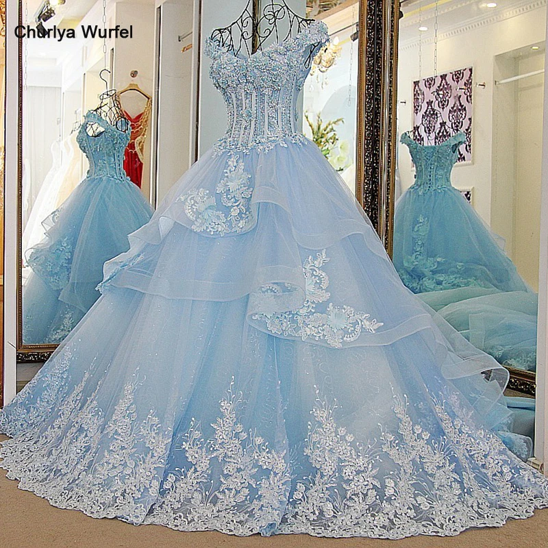 LS33870 bling bridal мантии линия отбортовывая зашнуровать назад Ivory и голубое платье венчания organza платье невесты