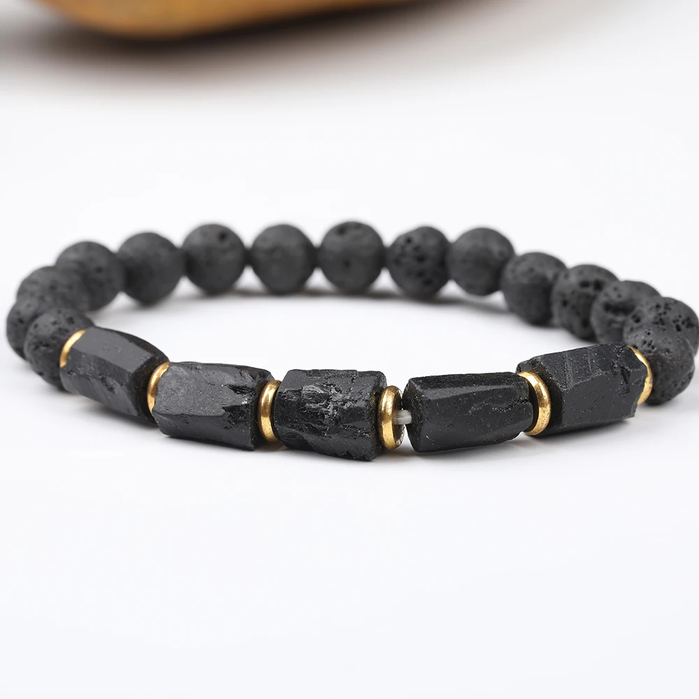 Natural Black Tourmaline Stone Chunky Beads 8mm Black Lava Beads Elastic String Bracelet Jewelry N0381JBG.E