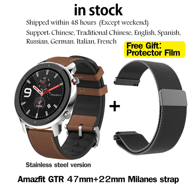 Глобальная версия Amazfit GTR, 47 мм, Huami, gps, умные часы, мужские, 5 АТМ, водонепроницаемые, умные часы, 24 дня, батарея, AMOLED экран, музыкальный контроль - Цвет: 47MM stainless steel